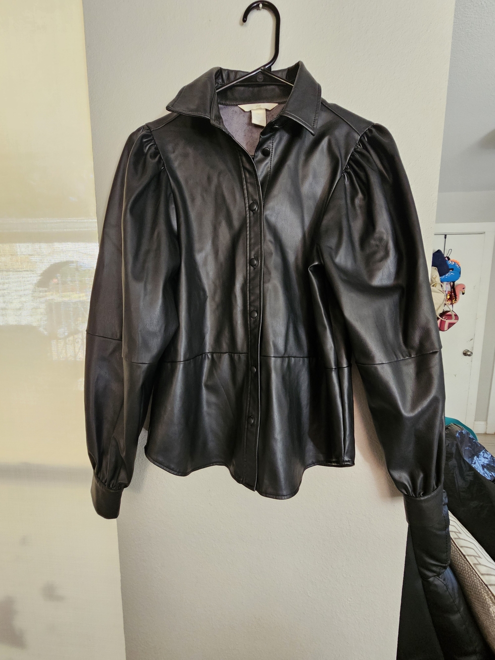 H&M Black Faux Leather Puff-Sleeve Button-Down Shirt